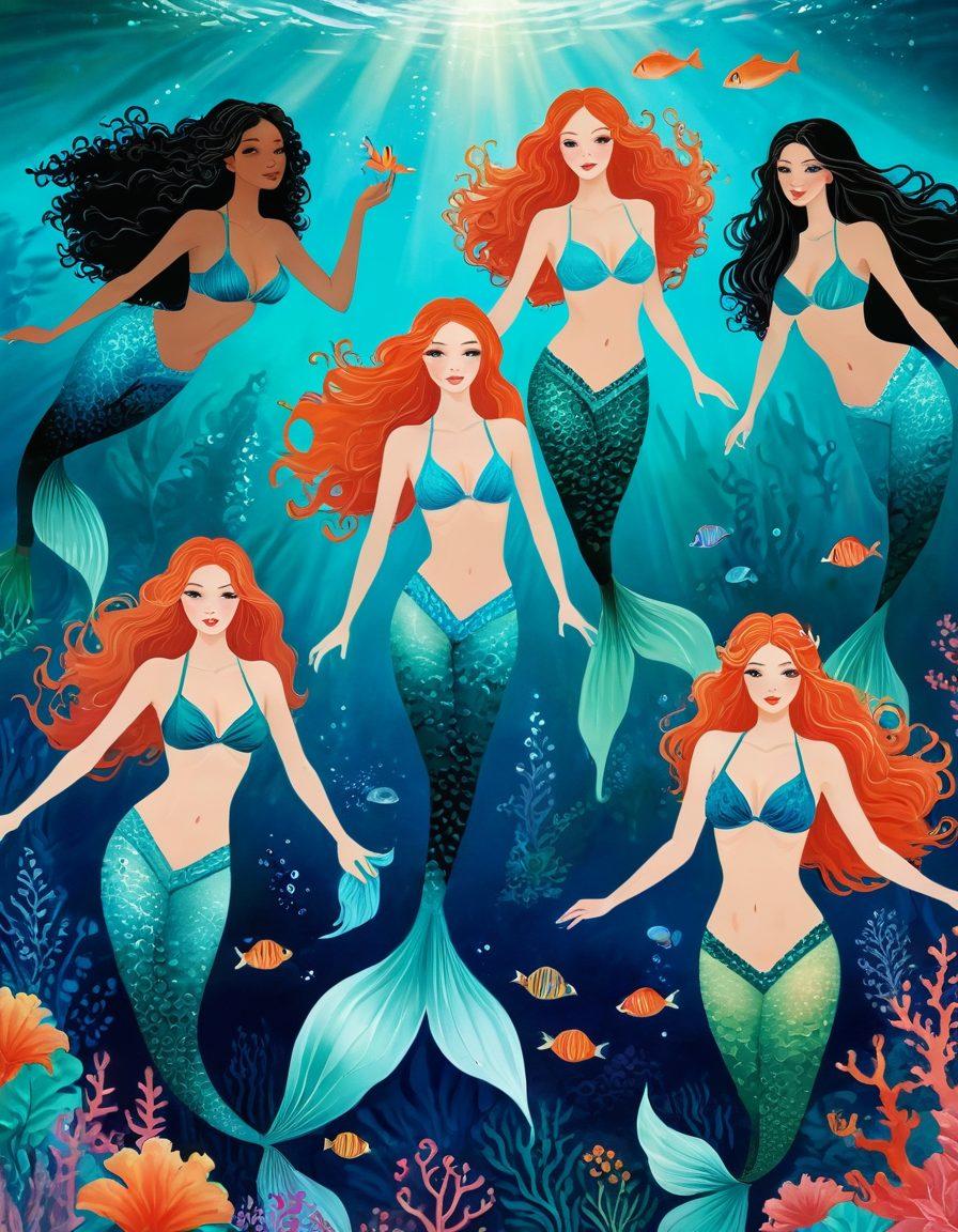 A whimsical illustration showcasing a collage of diverse women in enchanting swimwear, blending elements of fantasy with elegance. The scene includes mermaid tails, ethereal fabrics, and vibrant aquatic colors, surrounded by magical sea creatures and soft coral reefs. The women exhibit confidence and playfulness, embodying femininity with a touch of erotic allure. Emphasize vivid details and flowing lines to enhance the fantasy element. colorful illustration. fantasy art. vibrant colors. enchanting background.